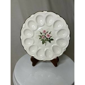 Vintage Rose Egg Plate, USA Warranted 22k Gold Trim, Cannonsburg American Rose